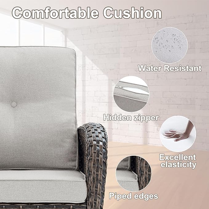 Belord Small Conversation Sets Patio Funiture - 5 Piece Outdoor Swivel Rocker Wicker Furniture Sets with Ottomans Side Table Perfect for Patio Deck Backyard, Brown Wicker Beige Cushion