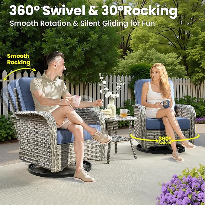 ovios 9 Pieces Patio Furniture Set Outdoor Sectional Sofa Couch with Fire Pit Table Rocking Swivel Chairs Deep Seat Chaise, Modern Modular Wicker Rattan Conversation Set, Denim Blue
