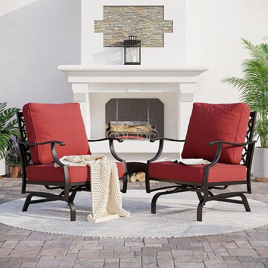 Metal Outdoor Rocker Patio Chairs Set of 2 with 5.75" Extra Thick Cushion, 2 Piece High Back Rocker Patio Chairs All Weather Outdoor Furniture Seating for Deck Balcony Porch, Rust Red
