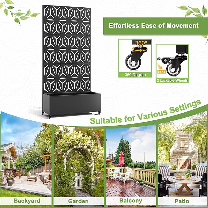 FENCY Metal Raised Garden Bed with Wheels and Trellis,73"x35"x16" Planter Box for Climbing Plants, Vegetables & Vines, Features Privacy Screen and Drainage Holes (Black-Star)