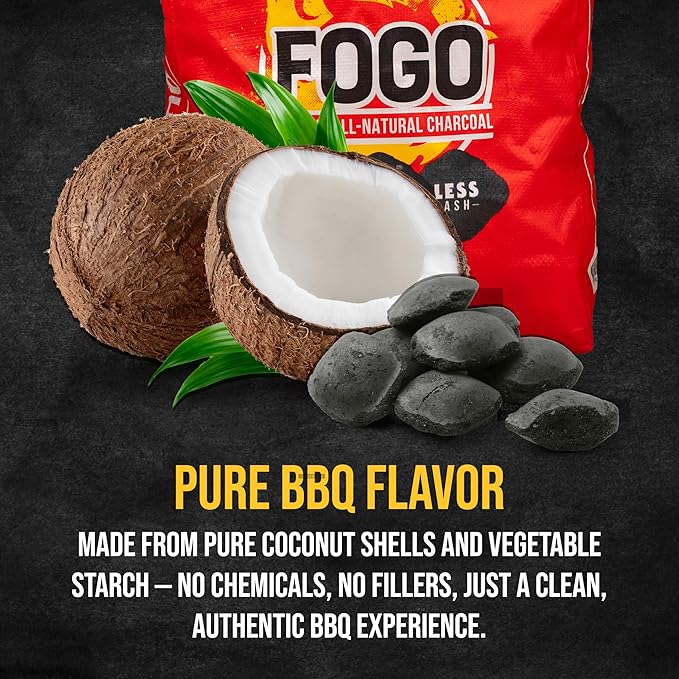 FOGO Coco Briquets All-Natural Charcoal Made from Coconut Shells, Long-Lasting Clean Burning BBQ Fuel for Grilling and Smoking, 15 lb Bag