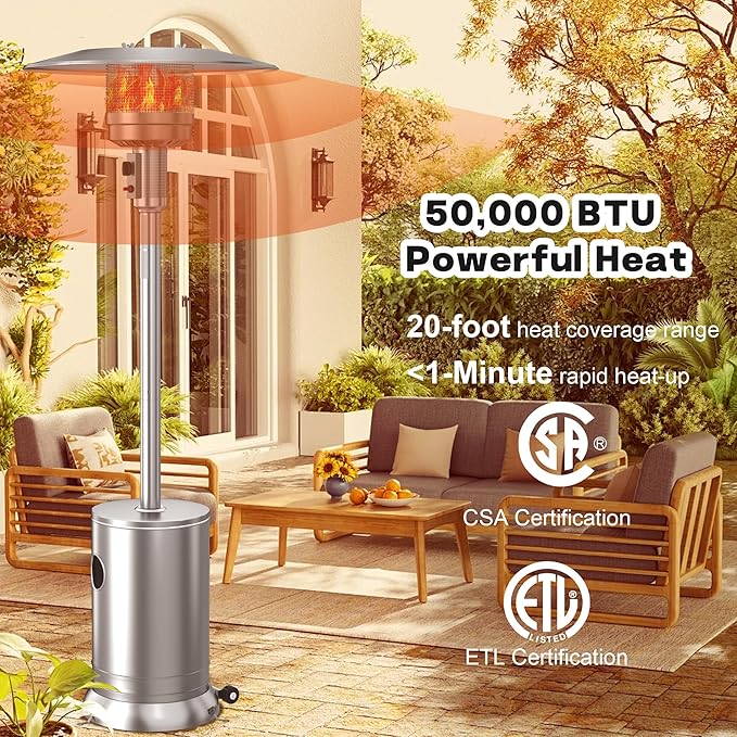 50,000 BTU Stainless Steel Propane Patio Heater, Double-Layer Burner with Round Table Design, Outdoor Space Heater with Wheels for Garden, Patio & Residential Use