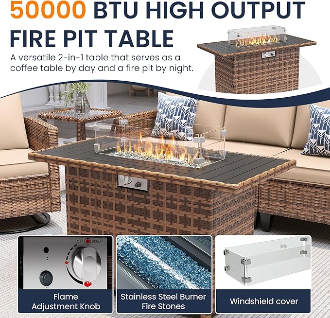 UDPATIO 10 Piece Aluminum Patio Furniture Set with Wicker Fire Pit Table,Mordern Outdoor Furniture Set with Water-Proof Cover Included, Dark Grey/Navy