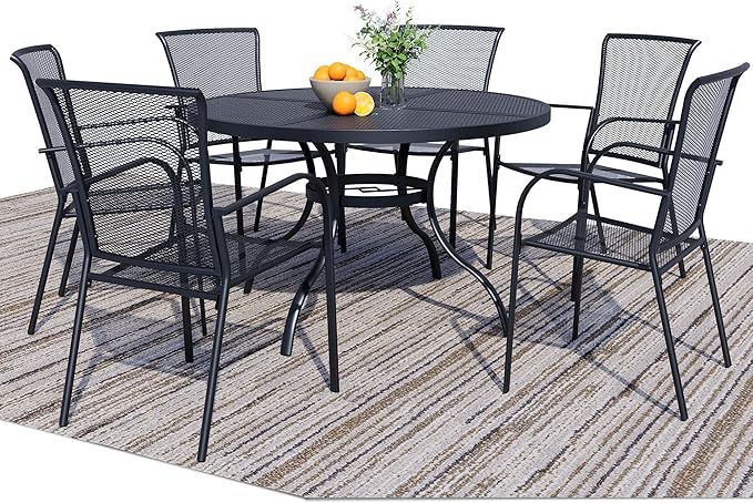 7 Piece Outdoor Dining Set, Patio Dining Set for 6, 47" Mesh Round Table with 6 Black Metal Mesh Outdoor Dining Chairs with Armrest for Lawn, Garden, or Porch