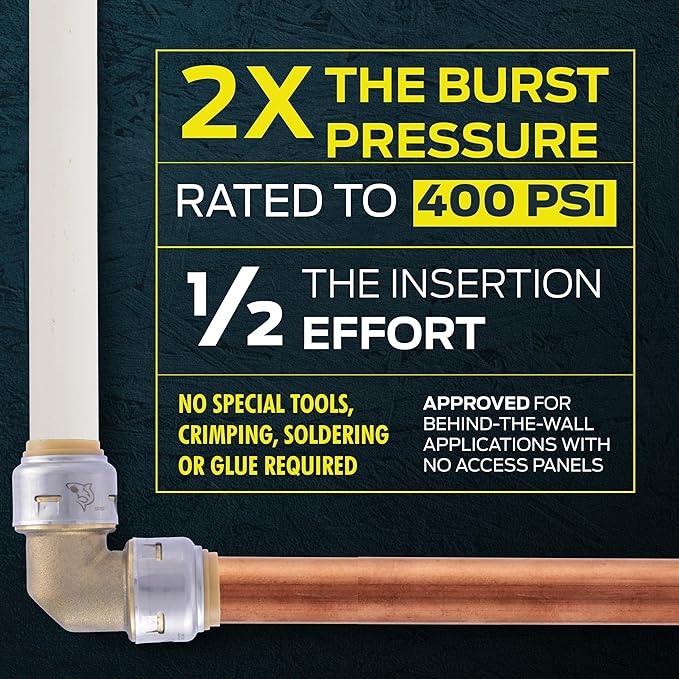 SharkBite Max 1 x 1 in PTC 90 Degree Elbow, Pack of 6, Push-to-Connect Brass Plumbing Fitting, UR260
