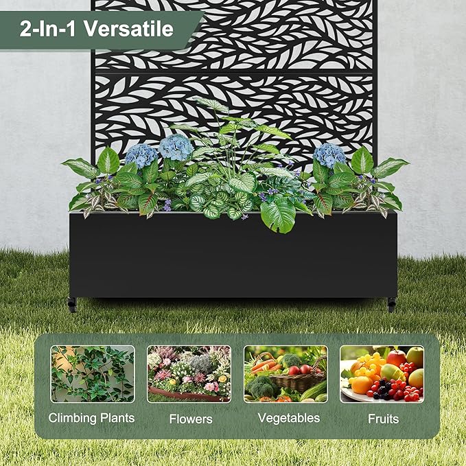 Metal Planter Box with Trellis & Wheels for Outdoor Plants, Large Raised Garden Beds with Drainage Holes, Privacy Planters Box with Trellis for Climbing Plants, Flowers (47"L, Black Spring)