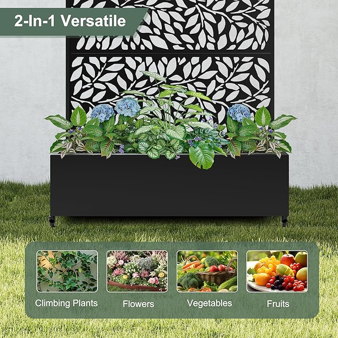 Metal Raised Garden Bed with Trellis Privacy Screen, Large Planters Box with Wheels & Drainage Holes for Climbing Plants (47" L×16" W×71" H, Black Leaf)