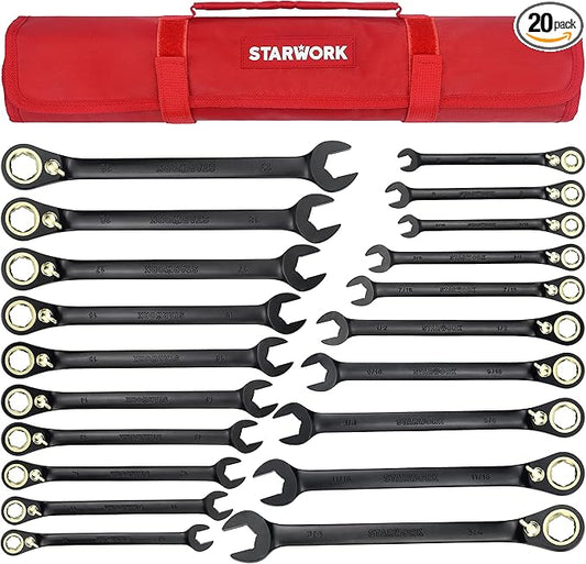STARWORK TRUE MECHANIC™ 20 Pc. 120T Reversible Ratcheting Combination Wrench Set, Long Pattern, SAE, Metric, Professional, With Portable Roll-Up Pouch Bag
