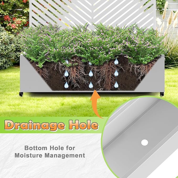 Metal Raised Garden Bed with Trellis, 2-in-1 Planter Box & Privacy Screen for Climbing Plants, Outdoor Standing Flower Bed with Drainage Holes, 47.2" L x 16.7" W x 70.8" H, White-Parallel