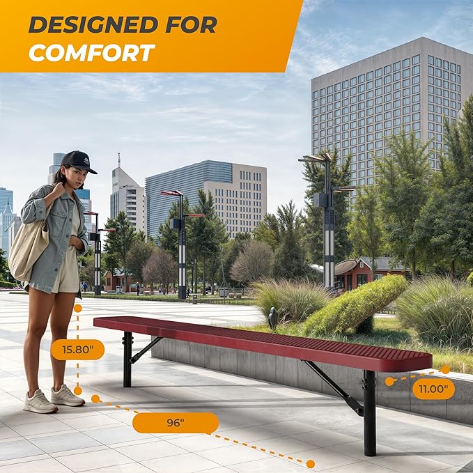 Heavy-Duty Outdoor Metal Bench, Thermoplastic-Coated, Inground, Weatherproof, Commercial-Grade for Parks, Gardens, Patios, Stores & More (8 Ft - Inground, Red)