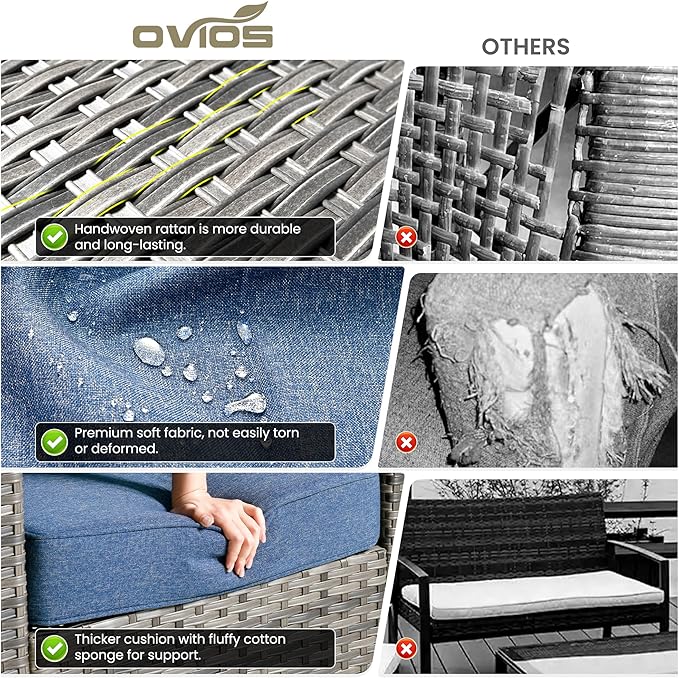 ovios 6 Pieces Patio Furniture Set, Outdoor Wicker Sofa Couch with Rocking Swivel Chairs Comfy Cushions, Modern Deep Seat Rattan Conversation Sets for Porch Deck, Denim Blue