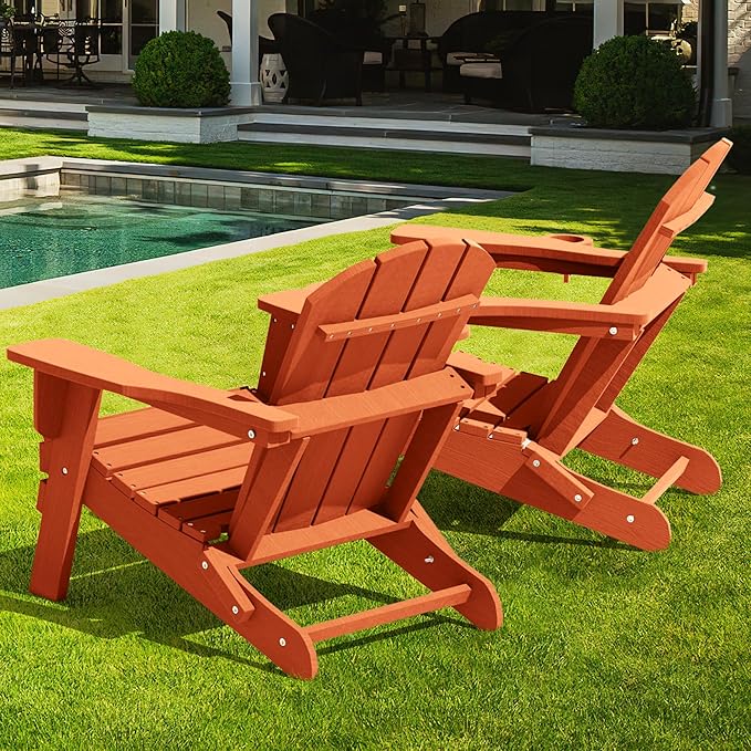 LOUNZY Folding Adirondack Chairs Set of 6, HDPE All-Weather Folding Adirondack Chair with Cup Holders, Outdoor Patio Adirondack Chair for Deck Lawn Fire Pit, Orange