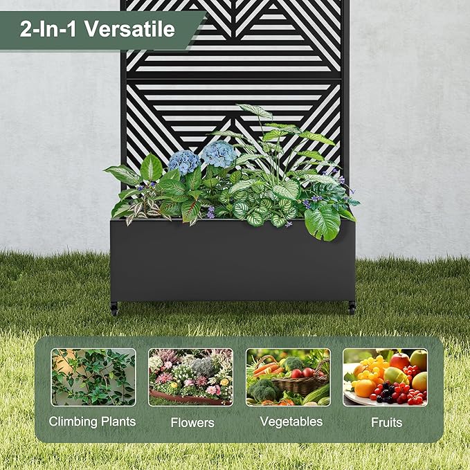 Metal Raised Garden Beds with Privacy Screen for Outdoor Plants, Planter Box with Trellis & Wheels, Flower Boxes with Drainage Holes (35" L×16" W×71" H, Black Zodiac)