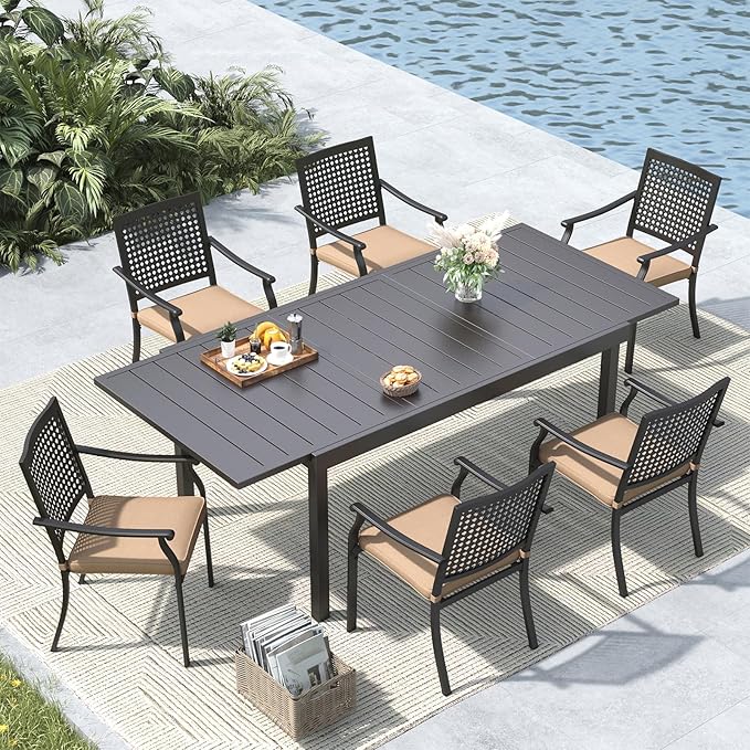 MFSTUDIO Patio Dining Set for 6, Outdoor Dining Set with Expandable Table, 7 Piece Metal Patio Table and Chairs Set, Outdoor Patio Furniture Set for Deck Backyard Poolside Garden