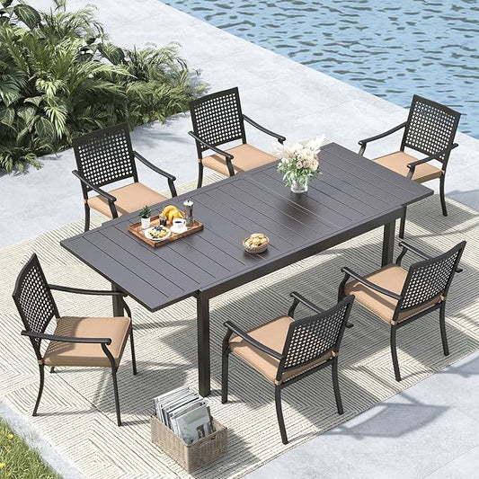 MFSTUDIO Patio Dining Set for 6, Outdoor Dining Set with Expandable Table, 7 Piece Metal Patio Table and Chairs Set, Outdoor Patio Furniture Set for Deck Backyard Poolside Garden