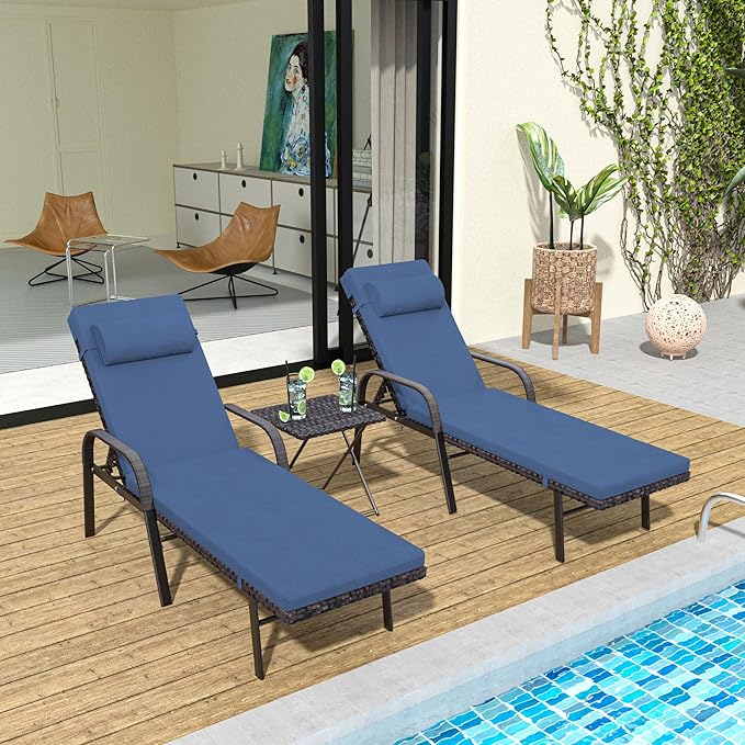 Patio Chaise Lounge Set 3 Pieces Pool Lounge Chairs,Cushioned Outdoor Folding Lounge Chair w/Arm and Rattan Adjustable Backrest for Poolside Porch,Folding Table Included,NavyBlue