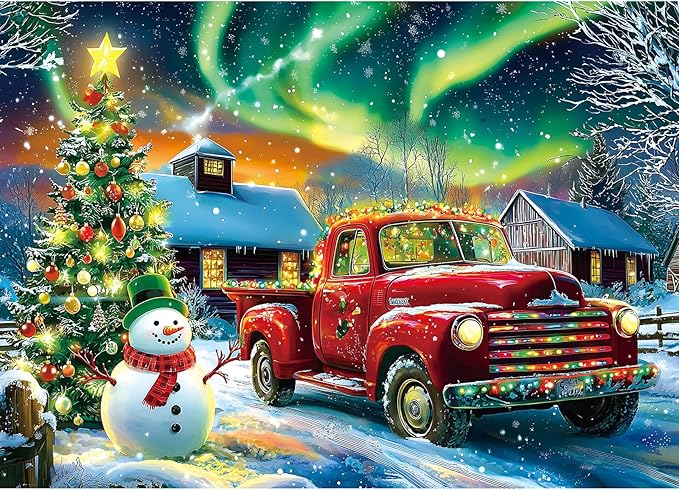 Winter Christmas Holiday Jigsaw Puzzle, 1000 Pieces, Snowy Village Scene with Classic Red Car, Snowman