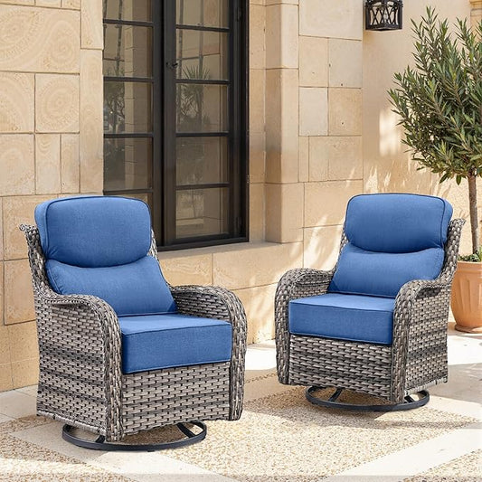 Swivel Patio Chairs Set of 2, High Back Comfortable Outdoor Glider Chairs, 6" Thick Cushion, Wicker, Gray, Blue Cushion