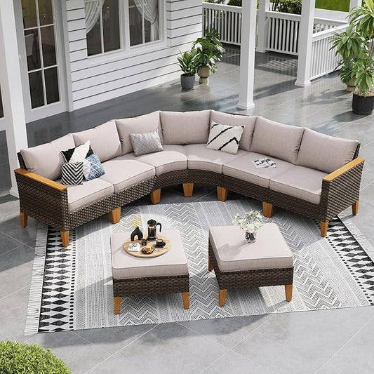 Sophia & William Half Moon Patio Furniture Set 8 Piece Outdoor Sectional Sofa Set, Wicker Patio Conversation Set with 1 Curved Sofa, 2 Armless Chairs, 2 Corner Couch, 2 Ottoman for Deck, Lawn (Beige)