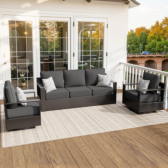 Aluminum Patio 79" Sofa Set with 2 Swivel Rocker Chairs, All Weather Outdoor Conversation Furniture with Metal Armrest & 6" Removable Cushions & Furniture Covers for Deck (Grey)