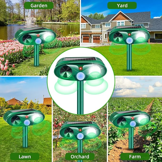 Upgraded Solar Deer Repellent Devices Ultrasonic Animal Repeller Outdoor with Motion Sensor & Flashing Light, Animal Deterrent Devices for Cat Squirrel Raccoon Dog Rabbit Skunk for Yard Garden, 2 Pack