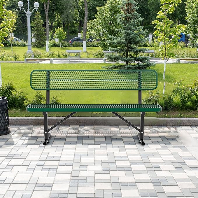 6 Ft Metal Park Bench for Outside, All-Weather Thermoplastic Coating Outdoor Bench with Backrest, Commercial Heavy Duty Benches for Shopping Malls, Stores, Parks, Patios, Decks, Green