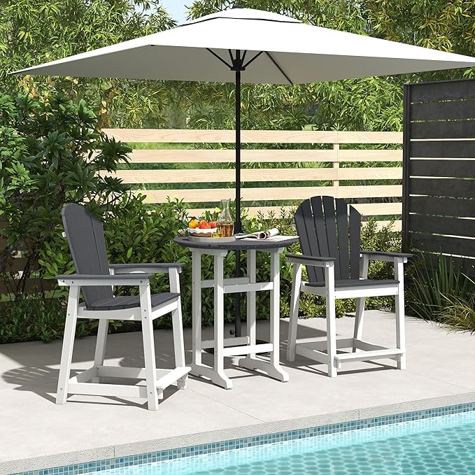 OTSUN 24inch Tall Adirondack Chairs Set of 3, Patio Bar Stool Chairs with one Table, 400lbs, Widened Arms, All-Weather Balcony Chair for Backyard, Garden (White&Grey, 3 Sets)