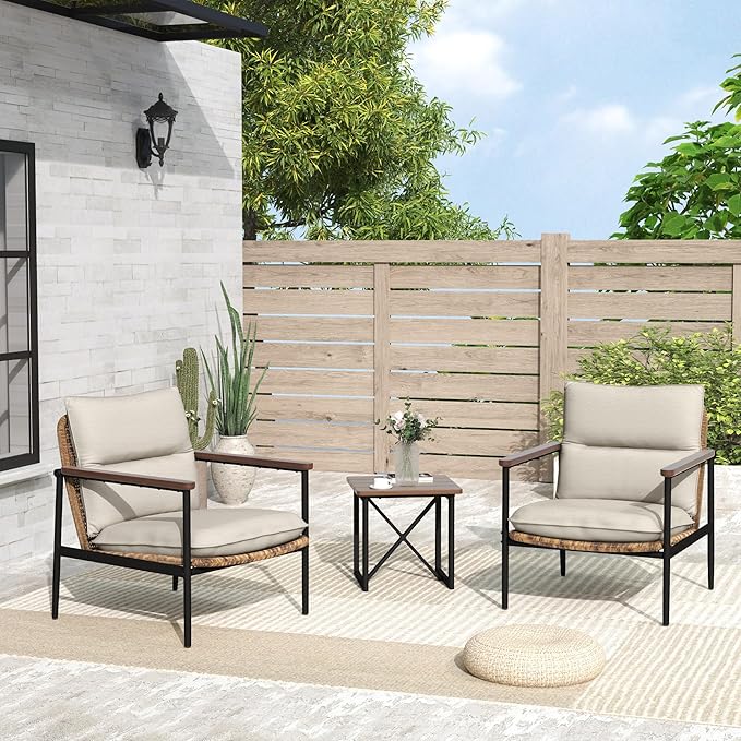 3-Piece Patio Outdoor Bistro Sets, All Weather Rattan Patio Furniture Set with Aluminum Frame Chairs and Side Table, Classic Wooden Armrest & Waterproof Olefin Cushion for Yard Deck Porch