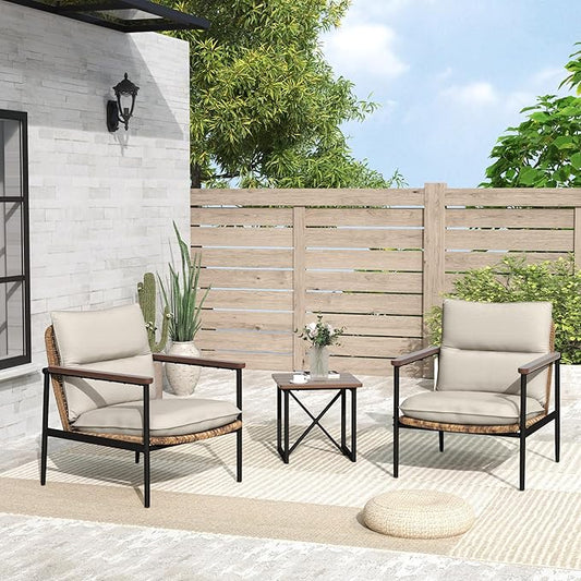 3-Piece Patio Outdoor Bistro Sets, All Weather Rattan Patio Furniture Set with Aluminum Frame Chairs and Side Table, Classic Wooden Armrest & Waterproof Olefin Cushion for Yard Deck Porch