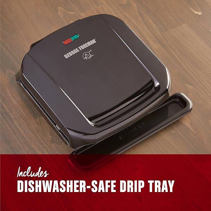 George Foreman 4-Serving Removable Plate Electric Grill and Panini Press, George Tough Non-Stick Coating, Drip Tray Catches Grease, Black