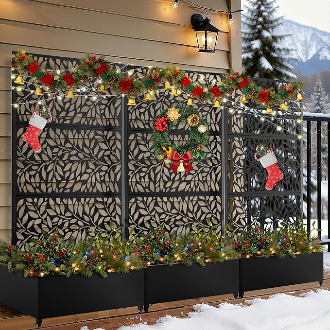 FENCY Dual Planter Boxes Metal Raised Garden Bed with Wheels and Trellis, 73"x35"x24" Privacy Screen for Vegetables, Vines & Flowers, Includes Drainage Holes