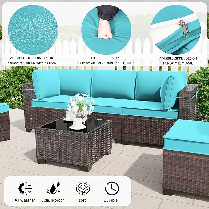 Outdoor Patio Furniture Sets with Propane Fire Pit Table, 10 Pieces Outdoor Furniture Patio Sectional Sofa Conversation Sets w/ETL Approved 43" Gas Outdoor Fire Table & Coffee Table (Turquoise)