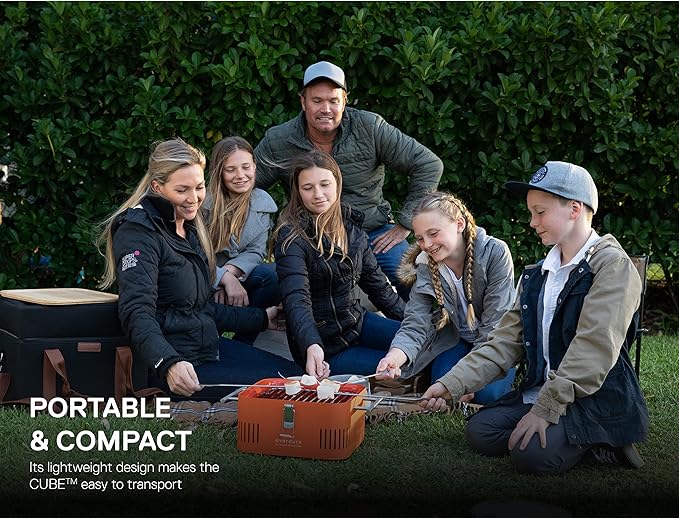 Everdure Cube Portable Charcoal Grill, Tabletop BBQ, Perfect Tailgate, Beach, Patio, or Camping Grill, Lightweight & Compact Small Grill with Preparation Board & Food Storage Tray, Orange