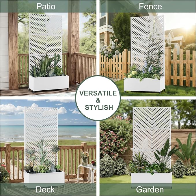 Metal Raised Garden Beds Outdoor with Trellis & Wheels, Planter Box with Privacy Screen, Drainage Holes for Vegetables, Flowers, Vines (35" L×16" W×71" H, White Parallel)