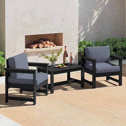 SERWALL 3 Pieces HDPE Outdoor Sofa Bistro Set with Cushions, Outdoor Furniture Sofa Sets with Coffee Table and Cushions, All Weather Conversation Social Set, Black Frame and Grey Cushion