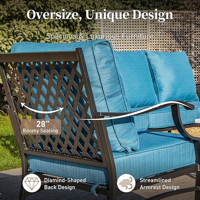 Metal Patio Chairs Set of 2 with 5.75" Extra Thick Cushion, 2 Pieces High Back Outdoor Patio Chairs All Weather Outdoor Furniture Seating for Deck Backyard Balcony Front Porch, Blue-2