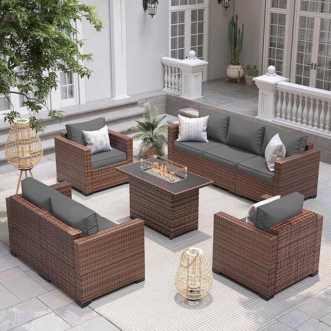 UDPATIO Patio Furniture Set with 44" Fire Pit Table, 5 Pieces Outdoor Furniture Sets, Wicker Rattan Patio Conversation Sets with Outdoor Sofa Waterproof Covers for Porch Deck Backyard, Grey