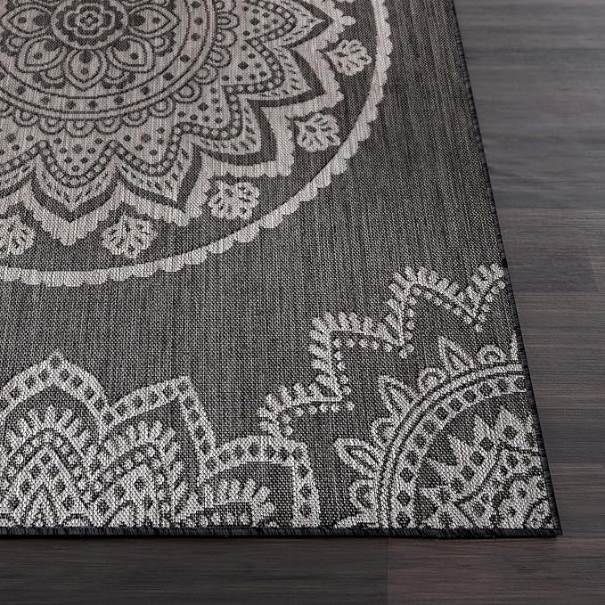 CAMILSON Outdoor Rug 9x12 Modern Area Rugs for Large Indoor and Outdoor Patios and Porches - Washable, Non-Shedding, Easy-to-Clean Outside Carpet (9 x 12, Medallion - Dark Grey/Light Grey)