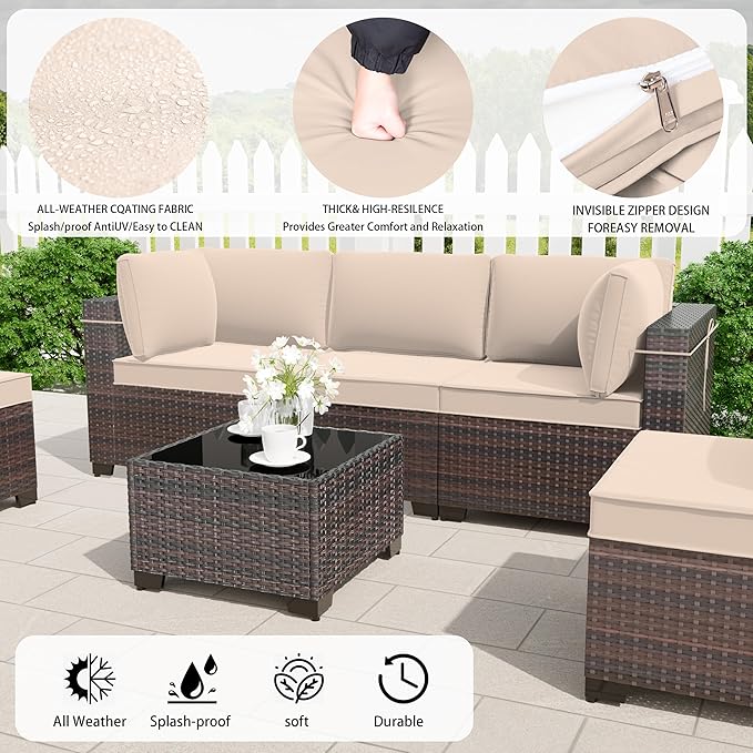 Outdoor Patio Furniture Set, 9 Pieces Outdoor Furniture All Weather Patio Sectional Sofa PE Wicker Modular Conversation Sets with Coffee Table,8 Chairs & Seat Clips(Brown)