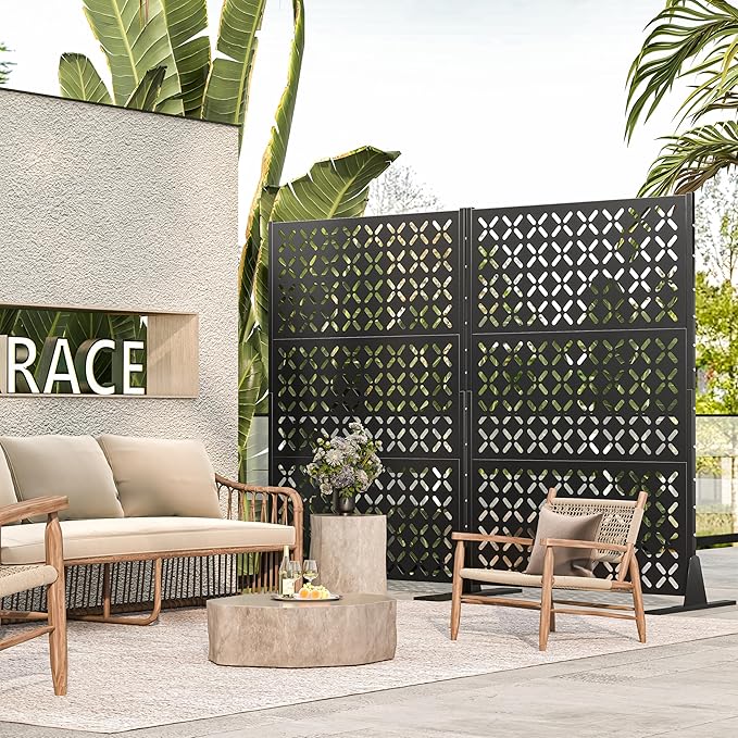 Metal Privacy Screen Outdoor, 72" H Freestanding Privacy Fence with Sturdy Stands, Decorative Privacy Panels Shield for Courtyard, Balcony, Garden and Other Indoor Places(X-Shaped-Fence)