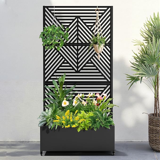 FENCY Metal Raised Garden Bed with Wheels and Trellis,73"x35"x16" Planter Box for Climbing Plants, Vegetables & Vines, Features Privacy Screen and Drainage Holes (Black-Modern)