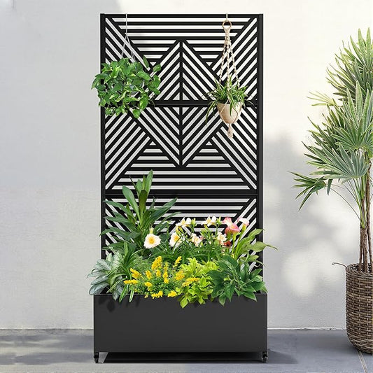 FENCY Metal Raised Garden Bed with Wheels and Trellis,73"x35"x16" Planter Box for Climbing Plants, Vegetables & Vines, Features Privacy Screen and Drainage Holes (Black-Modern)