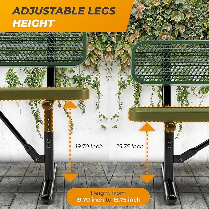Heavy-Duty Outdoor Metal Bench, Thermoplastic-Coated, Portable, Weatherproof, Commercial-Grade for Parks, Gardens, Patios, Stores & More (6 Ft - Portable with Back, Green)