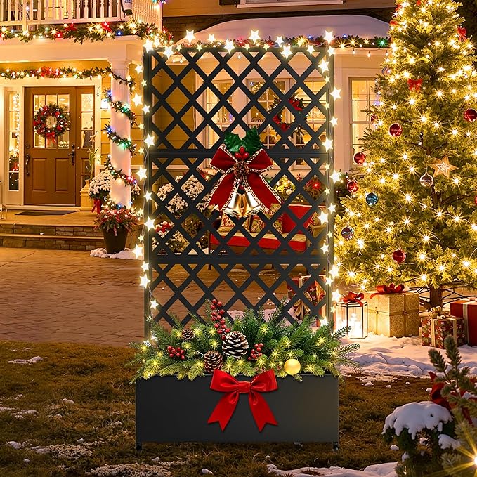FENCY Metal Planter Box with Diamond Lattice Trellis Planter Box for Climbing Plants/Vines, Galvanized Raised Garden Bed On Wheels, Garden Bed with Trellis(73"x35" Black)