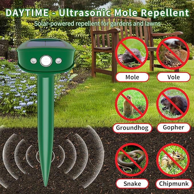 4 Pack Upgraded Mole Repellent Solar Powered with Flash Light, IP65 Waterproof Gopher Repellent Ultrasonic for Snake, Gopher, Vole, Raccoon, Squirrel, Rabbit and Rodent, Ideal for Yard and Lawn