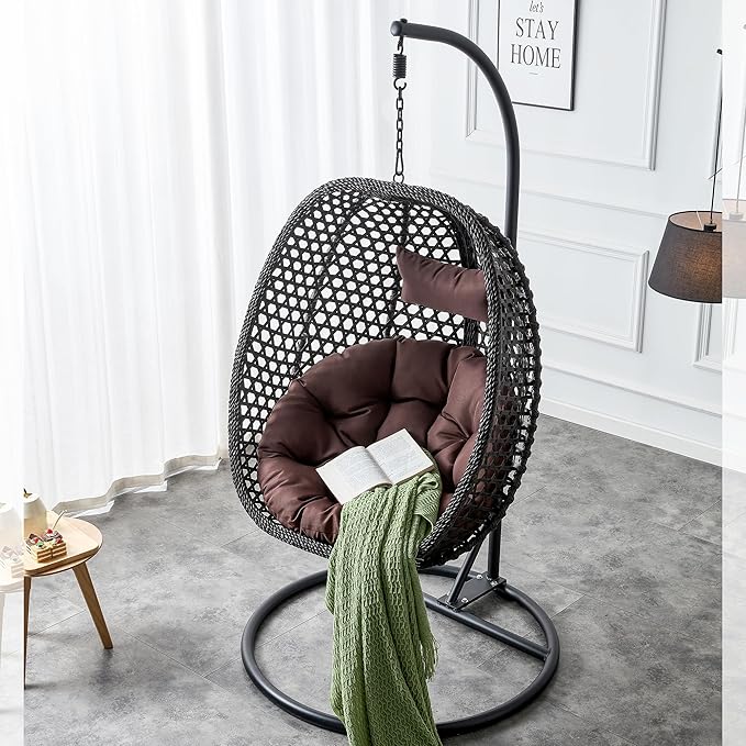 Egg Swing Chair Outdoor with Stand, Hanging Egg Rattan Basket Chair with Cushion and Pillow, Lounge Chair, Foldable Basket and Metal Stand for Porch, Patio, Bedroom, Balcony,Yard (Black)