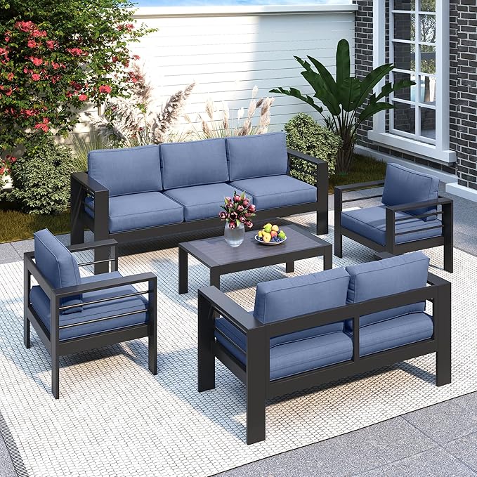 Solaste Aluminum Patio Furniture Set for All Weather, Modern Metal Outdoor Furniture Set with 27.5" Deep Seating and 3.2" Wide Armrest, Outdoor Patio Conversation Set with 5" Cushion, Black and Blue