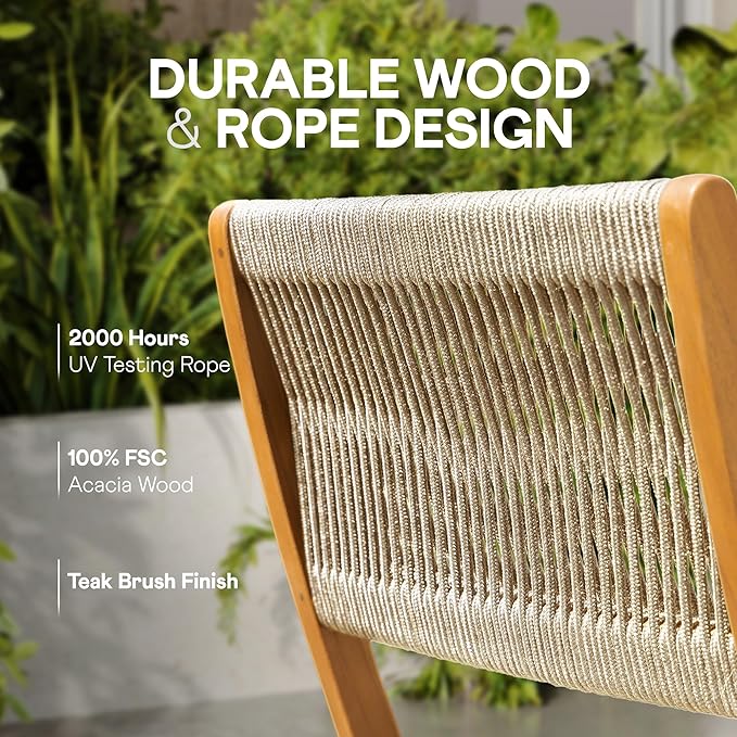IDZO Wood Rope Design Bistro Chairs, Folding Patio Set of 2 Chairs – Heavy-Duty 400lbs Capacity Outdoor Seating for Balcony, Garden, or Porch