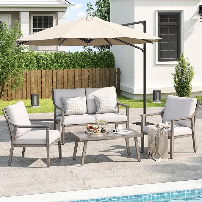 Patio Conversation Sets 4 Pieces - Aluminum Loveseat Outdoor Furniture Sets with Thick Cushion, Coffee Table and Chairs Set of 2, Rustproof and Waterproof for Porch Deck Yard, Grey