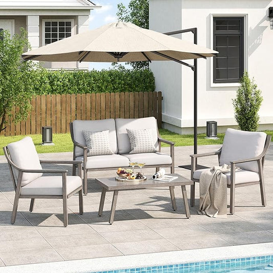 Patio Conversation Sets 4 Pieces - Aluminum Loveseat Outdoor Furniture Sets with Thick Cushion, Coffee Table and Chairs Set of 2, Rustproof and Waterproof for Porch Deck Yard, Grey